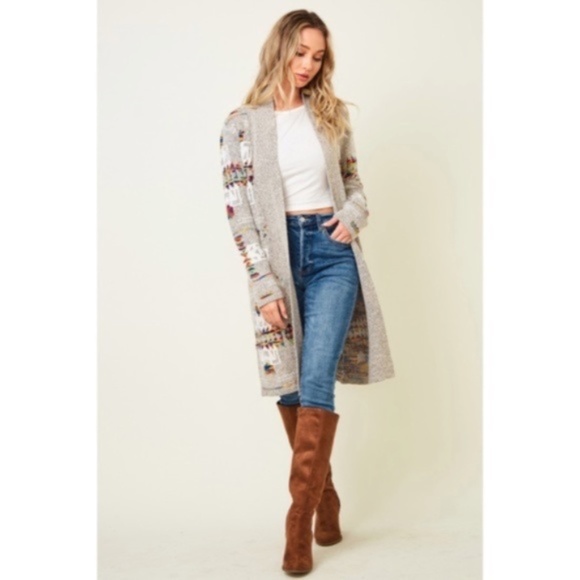 SOLD OUT Oatmeal Rainbow Multi Colored Aztec Tribal Jacquard Open Knit Cardigan - Picture 2 of 10